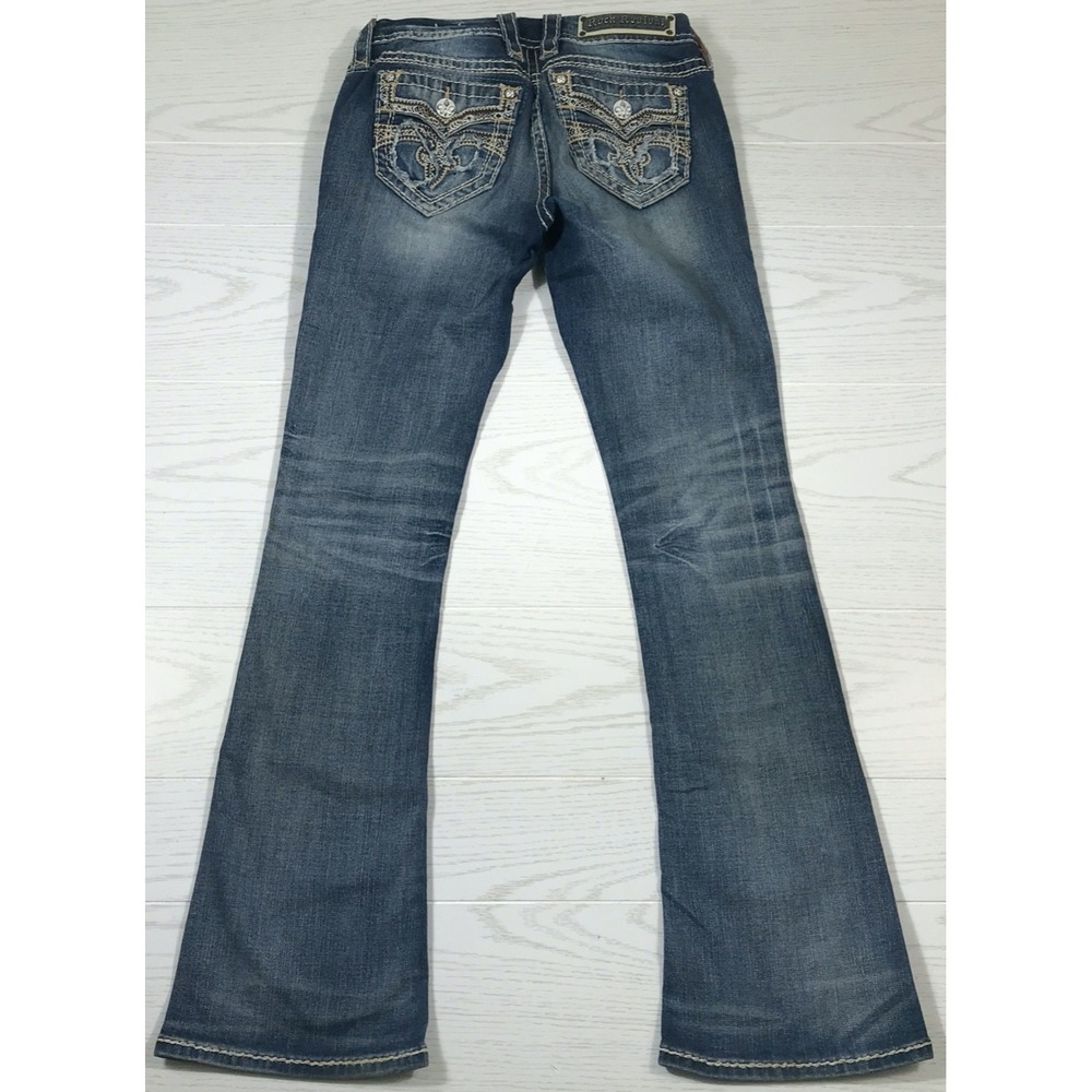 Rock Revival Jena Bootcut Jeans Women 27 Blue Whiskered Mid Rise Stretch Cowboy